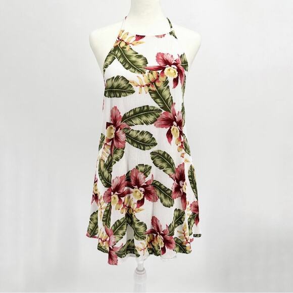 SHOW ME YOUR MUMU Tropical Aloha Blooms Halter Dress Size Medium Hawaiian Beach - Picture 2 of 10
